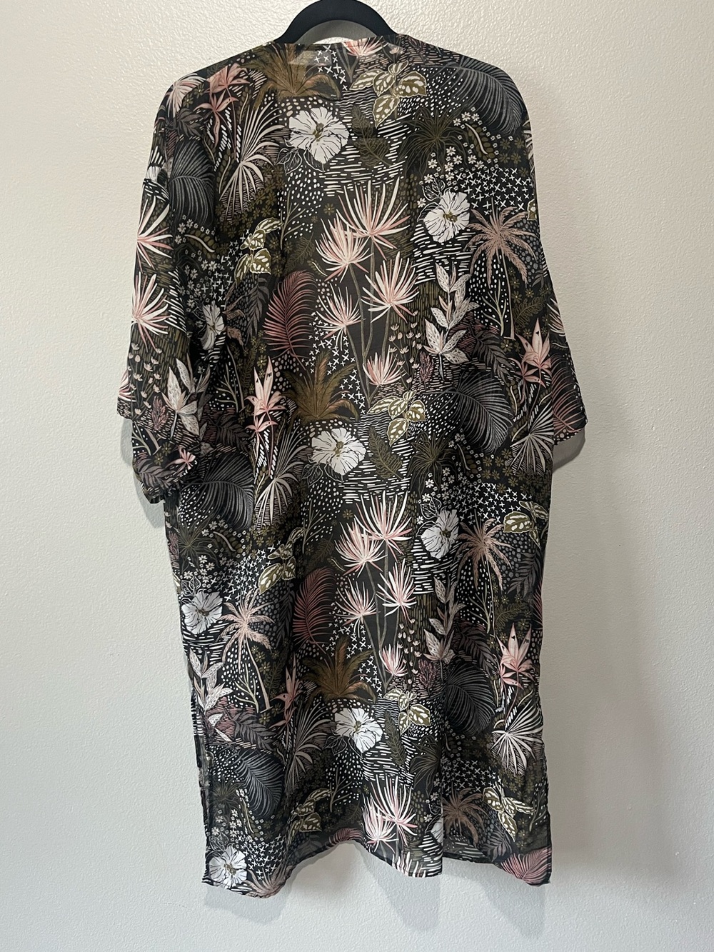 SONOMA- Sheer Floral Tropical Kimono - Black with Pink & Olive
